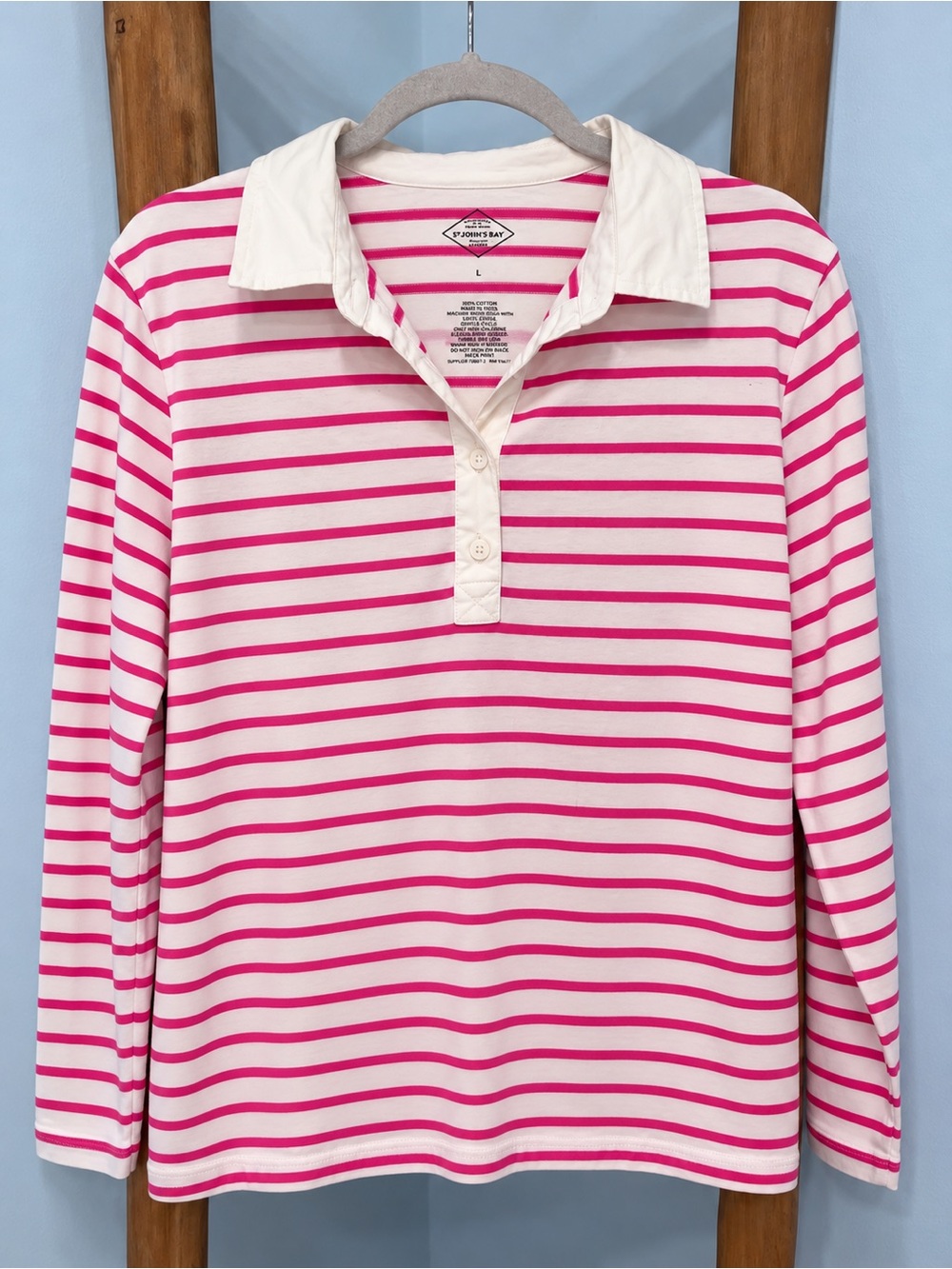 🩷 St. John’s Bay Pink Stripe Rugby Shirt 100% Cotton Collared Top Size L 🩷